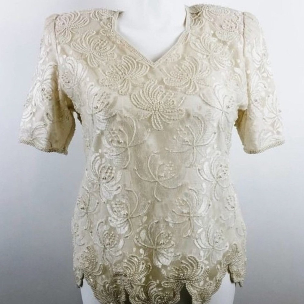 Vintage Ivory Lace Beaded Pearl Blouse XL Scalloped Hem V-Neck Formal Top - Picture 1 of 8